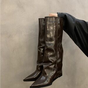 PU Brown Leather Knee-High Boots